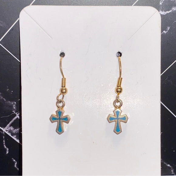 Dainty Gold and Turquoise Cross Dangle Earrings - Picture 5 of 6